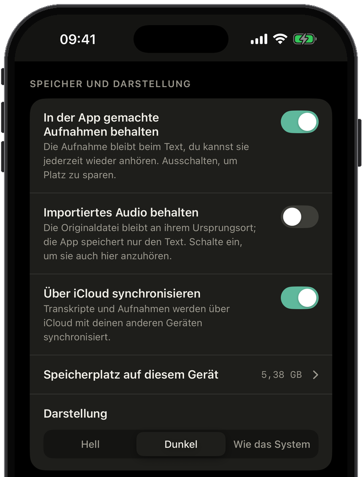 Einstellungen von Slovo: Spracherkennungsmodell, Zeitmarken, Sprache der Aufnahme, Audio oder nur Text behalten, Synchronisierung über iCloud