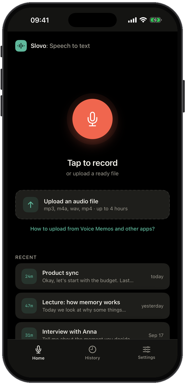 Slovo home screen: a large record button, an upload area for audio files and the list of recent transcripts