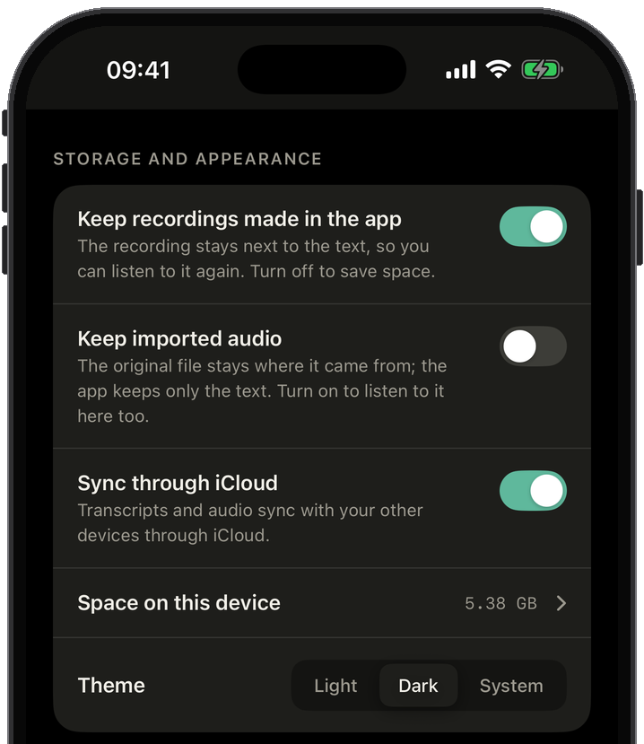 Slovo settings: speech model, timecodes, speech language, keep audio or text only, sync through iCloud