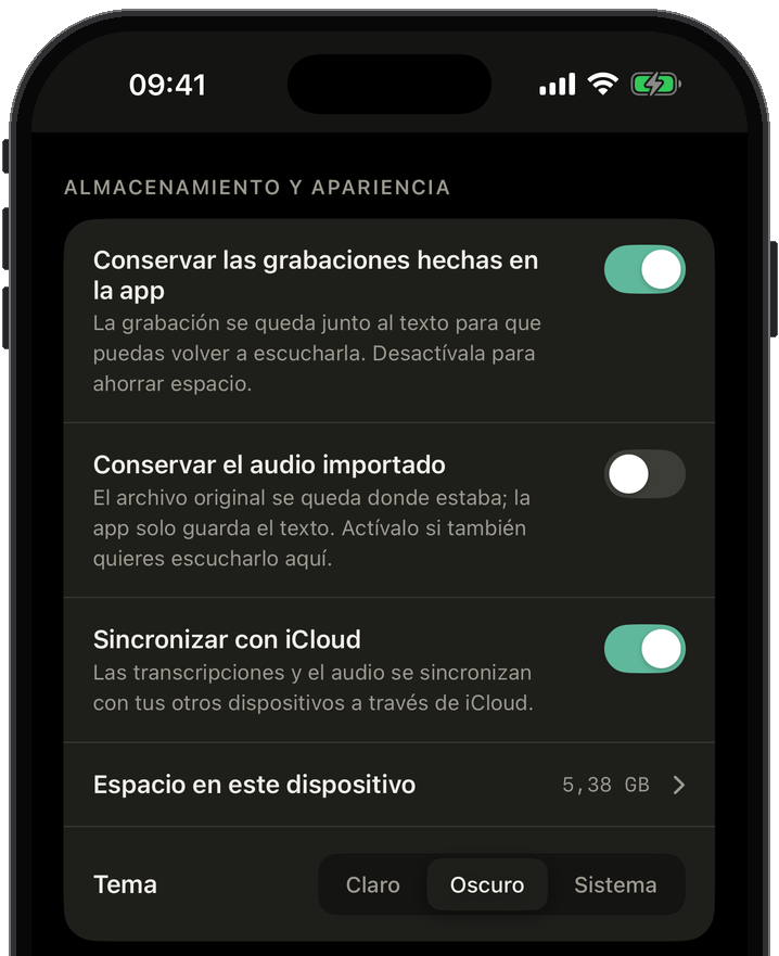 Ajustes de Slovo: modelo de voz, marcas de tiempo, idioma del habla, conservar el audio o solo el texto, sincronizar con iCloud