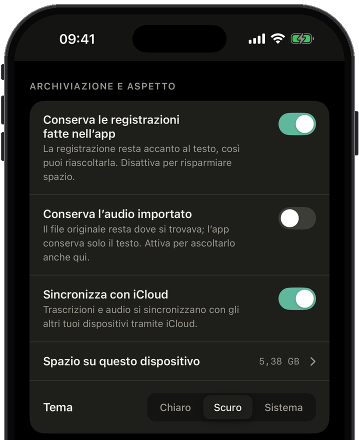 Impostazioni di Slovo: modello vocale, timecode, lingua del parlato, conserva l’audio o solo il testo, sincronizza con iCloud