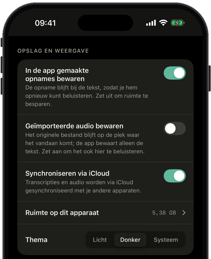 Instellingen van Slovo: spraakmodel, tijdcodes, gesproken taal, audio bewaren of alleen tekst, synchroniseren via iCloud