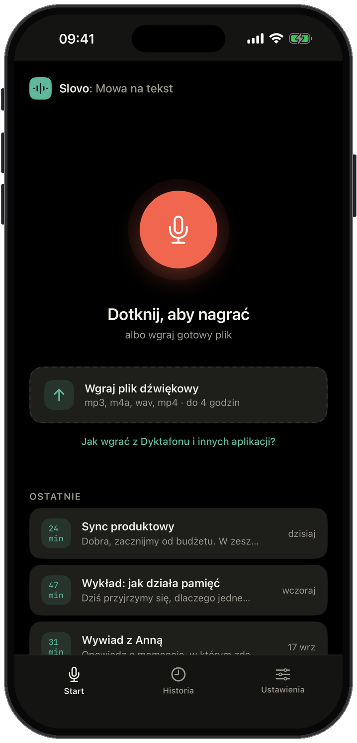 Ekran główny Slovo: duży przycisk nagrywania, obszar do wgrywania plików audio i lista ostatnich transkrypcji