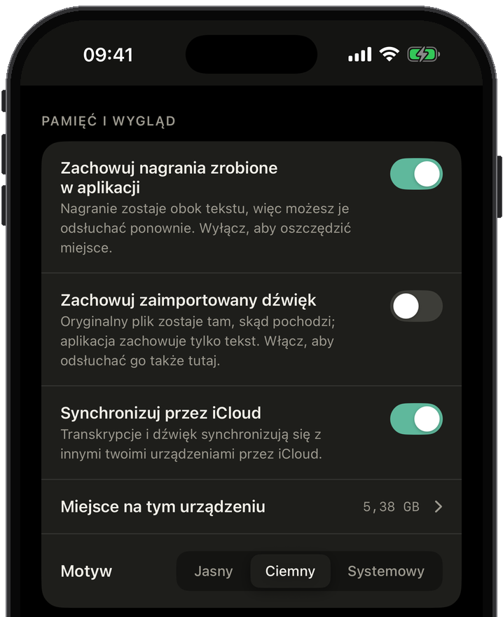 Ustawienia Slovo: model mowy, znaczniki czasu, język mowy, zachowanie dźwięku albo samego tekstu, synchronizacja przez iCloud