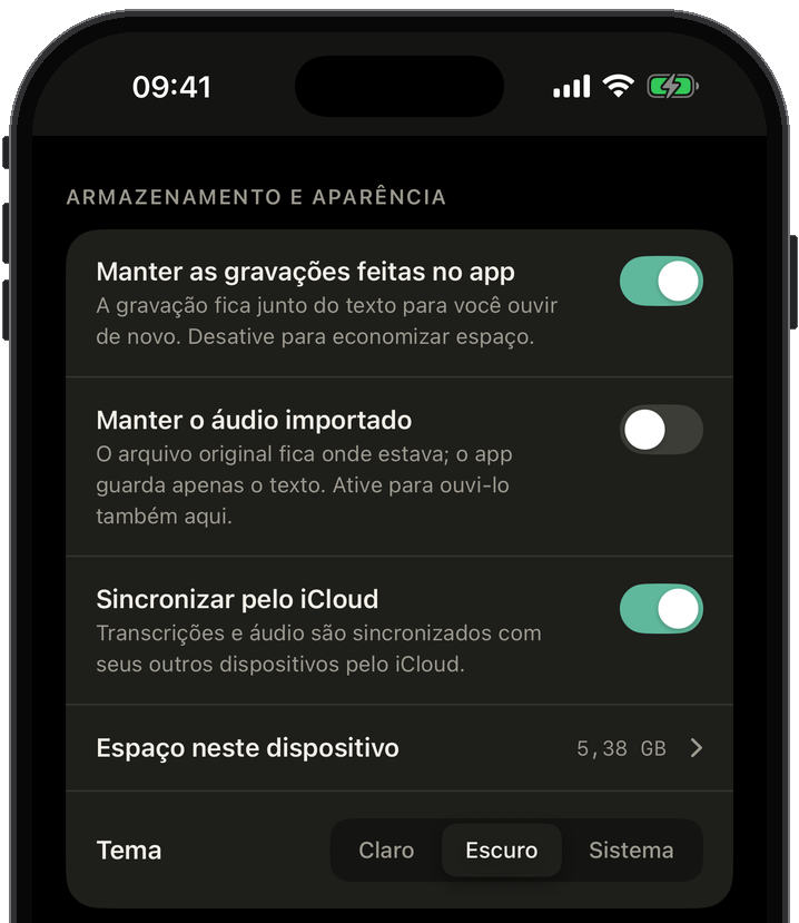 Ajustes do Slovo: modelo de fala, marcas de tempo, idioma da fala, manter o áudio ou só o texto, sincronizar pelo iCloud