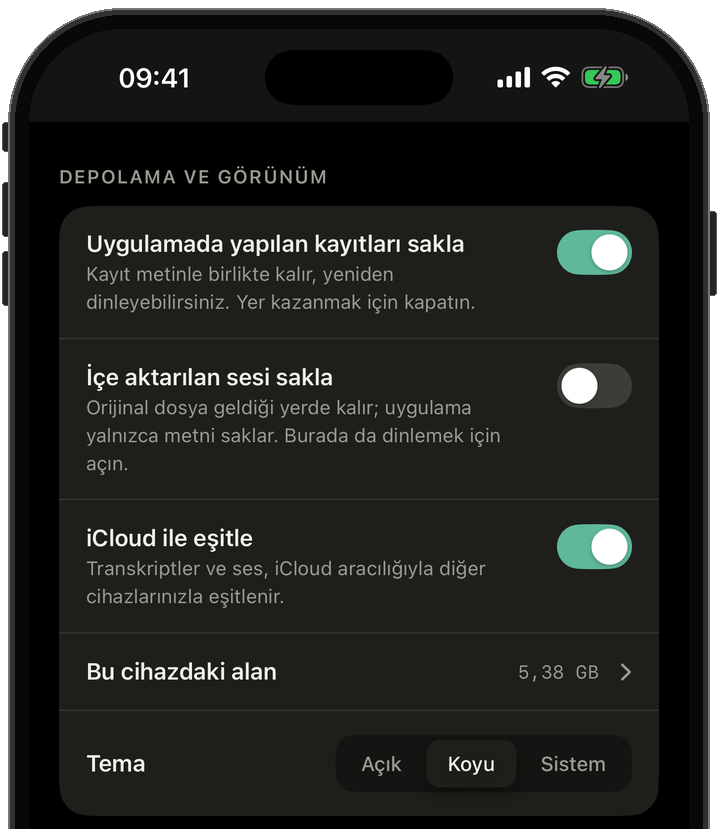 Slovo ayarları: konuşma modeli, zaman kodları, konuşma dili, sesi sakla ya da yalnızca metni bırak, iCloud ile eşitle